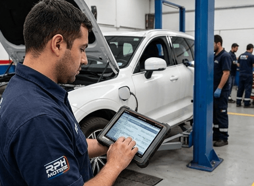Diagnóstico computarizado con tablet junto a un Porsche