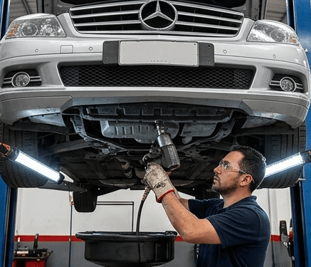 Cambio de aceite en un Mercedes-Benz sobre el elevador