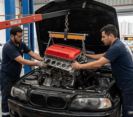 Dos mecánicos izando el motor de un BMW serie 3